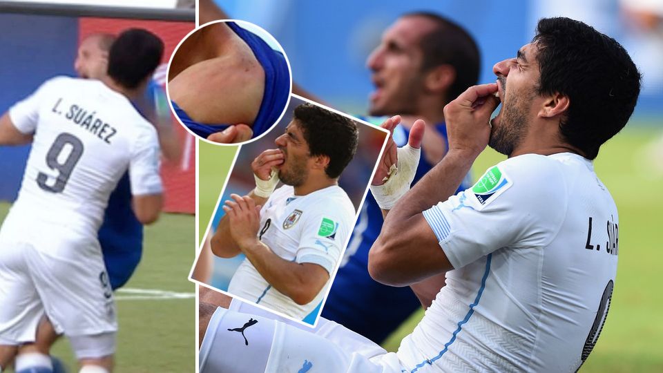 Insiden Luis Suarez menggigit Giorgio Chiellini di Piala Dunia 2014. Copyright: © Grafis: Yuhariyanto/INDOSPORT/GETTY IMAGES